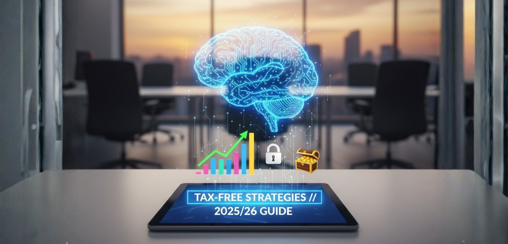 Digital dashboard showing tax-free business strategies for UK company directors 2025/26, featuring a glowing brain and cloud accounting symbols on a tablet